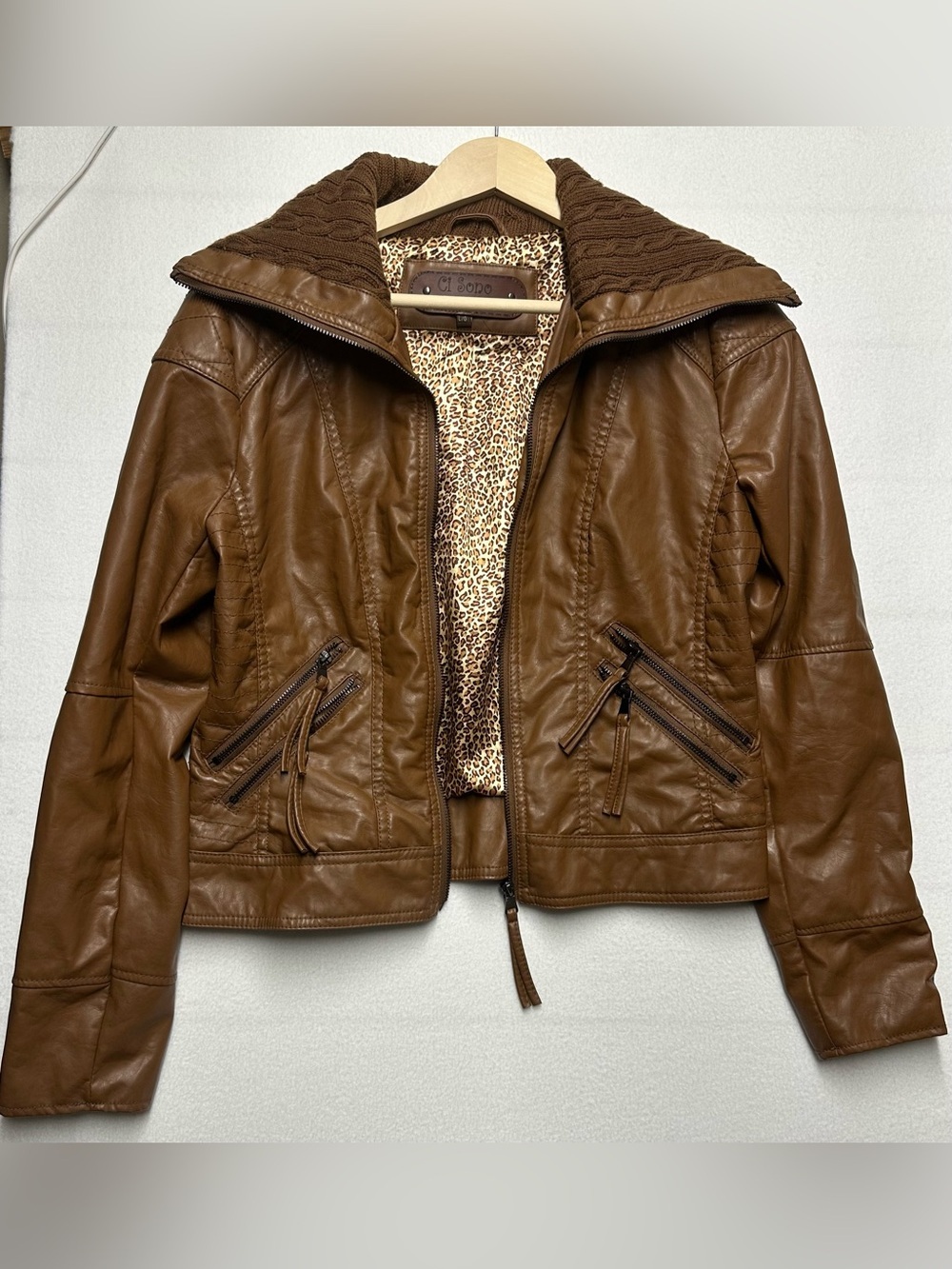 Ci Sono Faux Leather Moto Jacket Brown Quilted Collar Leopard Lining - Large